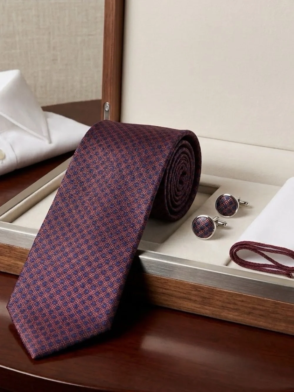 Dunhill Burgundy and Navy Geometric Silk Tie